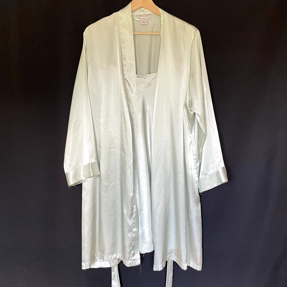 Morgan Taylor Intimates Robe and Slip Dress Set Large Sage Green Women Satin